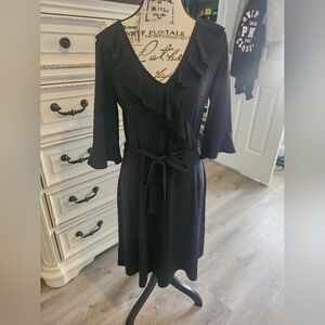 New York & Company Black Ruffle Wrap Midi Dress with Tie Waist